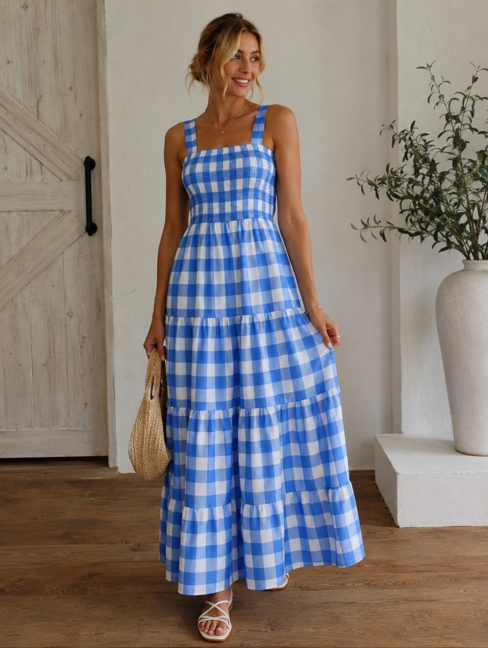 Boutique NWOT Blue & White Gingham Smocked Maxi Dress Sz M